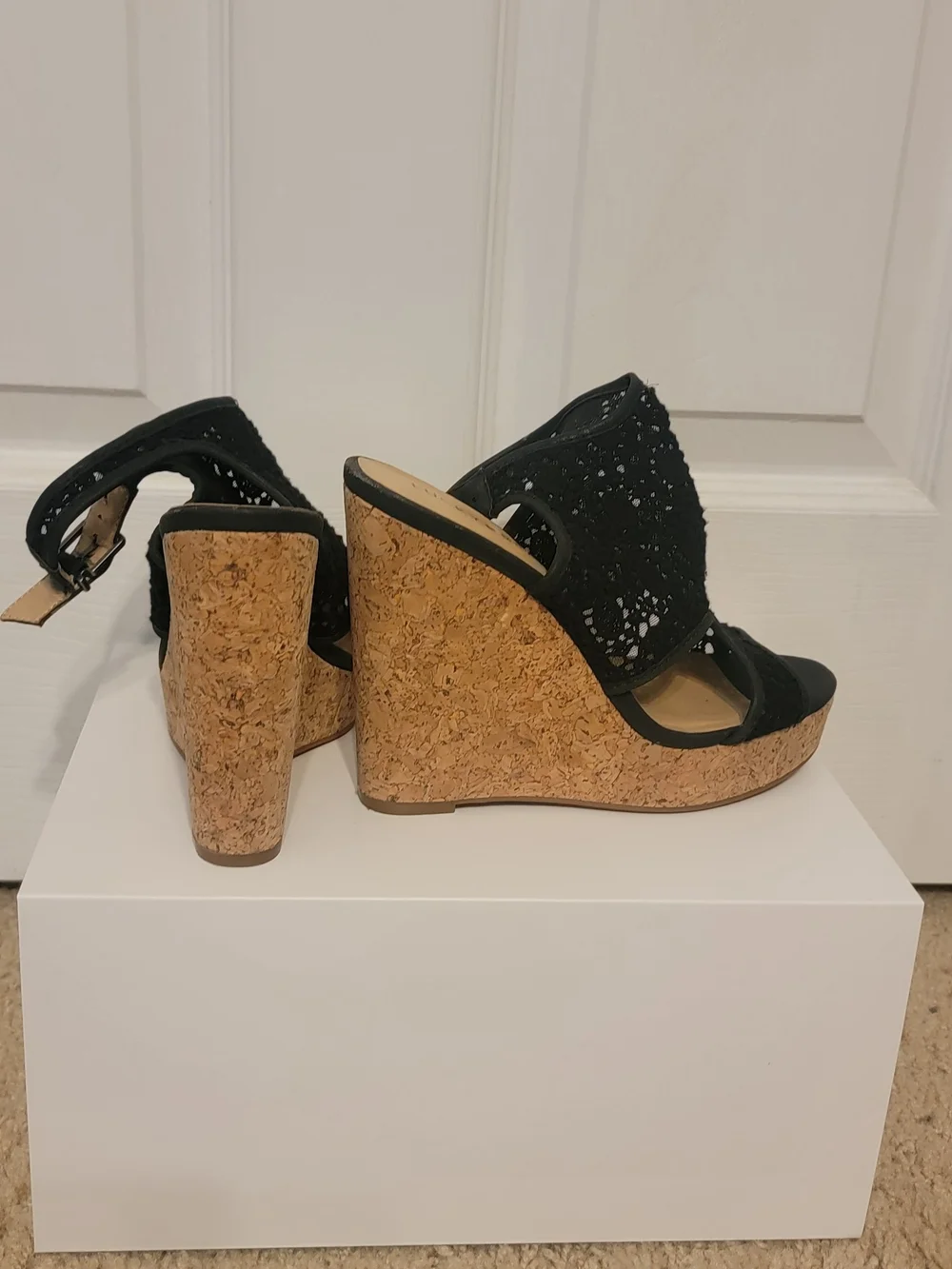 Lucky Brand Black Crochet Cork Wedge Sandals